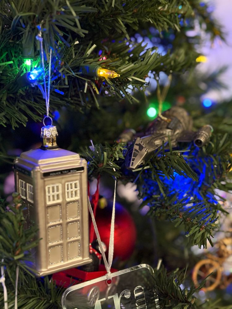 Doctor Who’s 50th anniversary Tardis ornament and the Serenity ship ornament from Firefly on my Christmas tree.