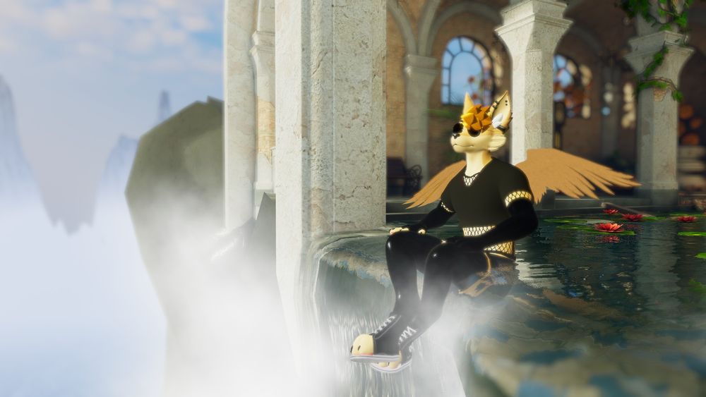 A skyote vrchat model sitting on the edge of a waterfall coming out of a church-like structure