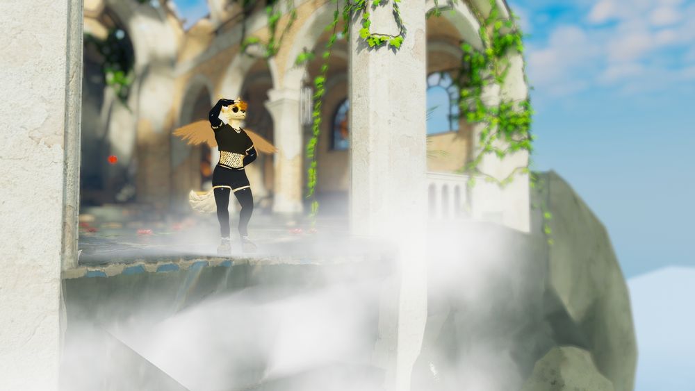 A skyote vrchat model seen from a distance looking into the unknown standing on the edge of a waterfall coming out of a church-like structure 