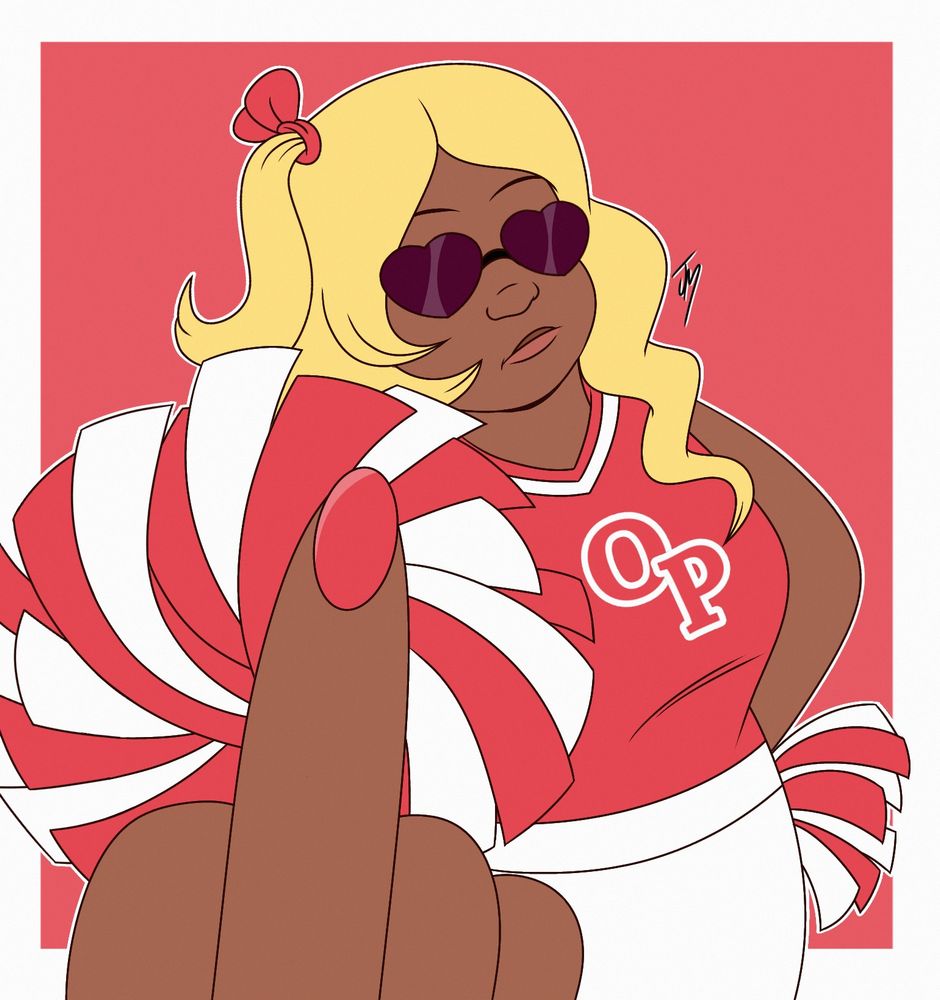 A drawing of StrawberrySenshi cosplaying as Brittnay Matthews from the web series "The Most Popular Girls in School" flipping off the viewer.
