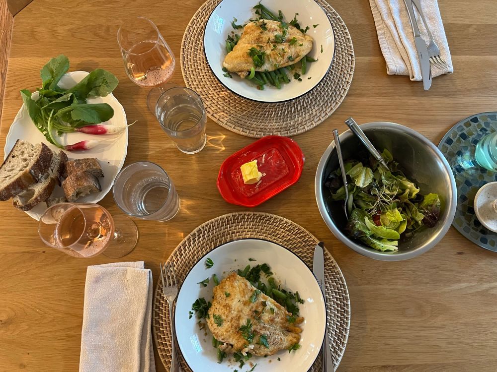Flounder meunière, green beans, radishes, sourdough, butter lettuce, rosé