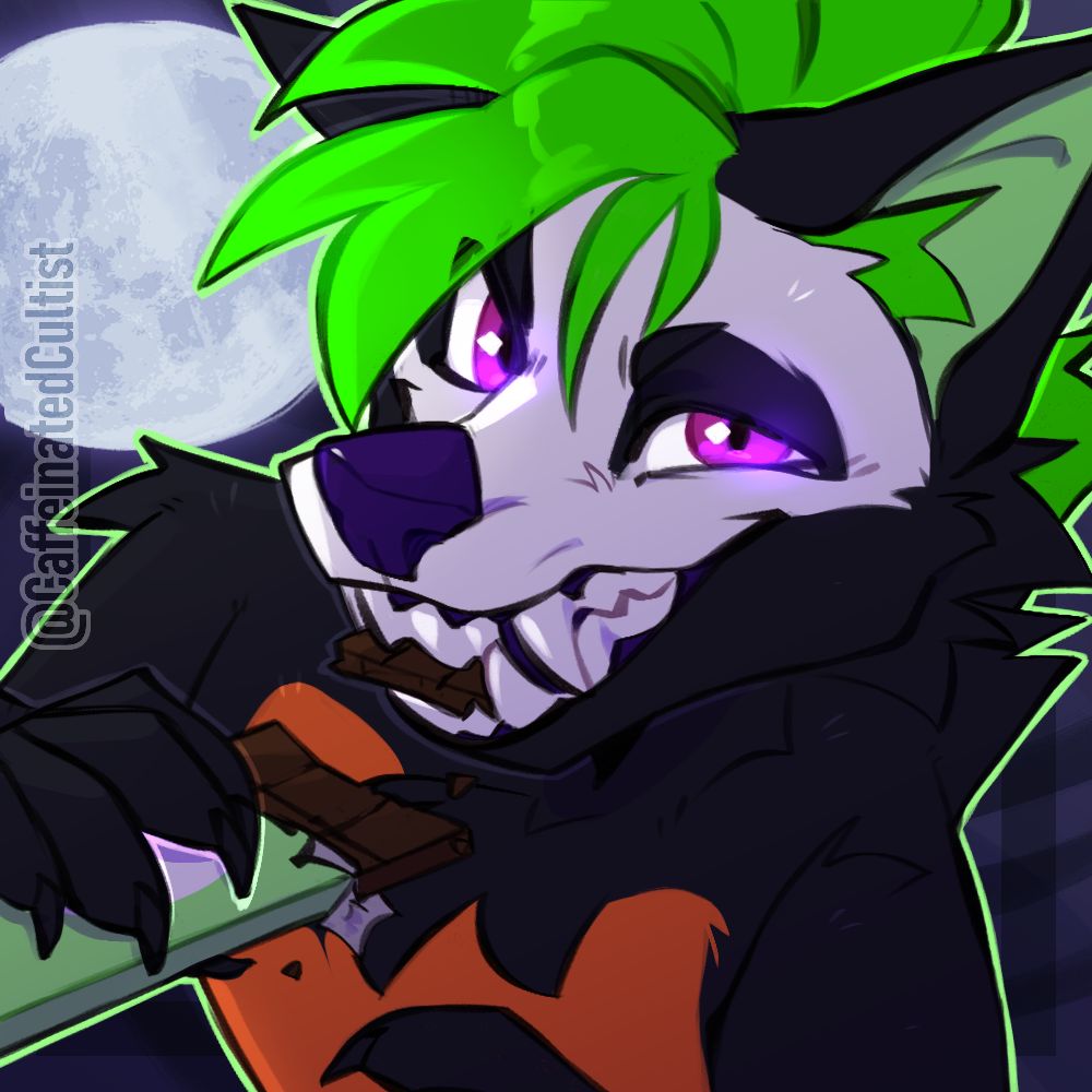 Digital art of a furry canine character with purple eyes smiling with big sharp teeth and looking directly at the viewer while taking a bite out of a chocolate bar.

Artwork by, CaffeinatedCultist 