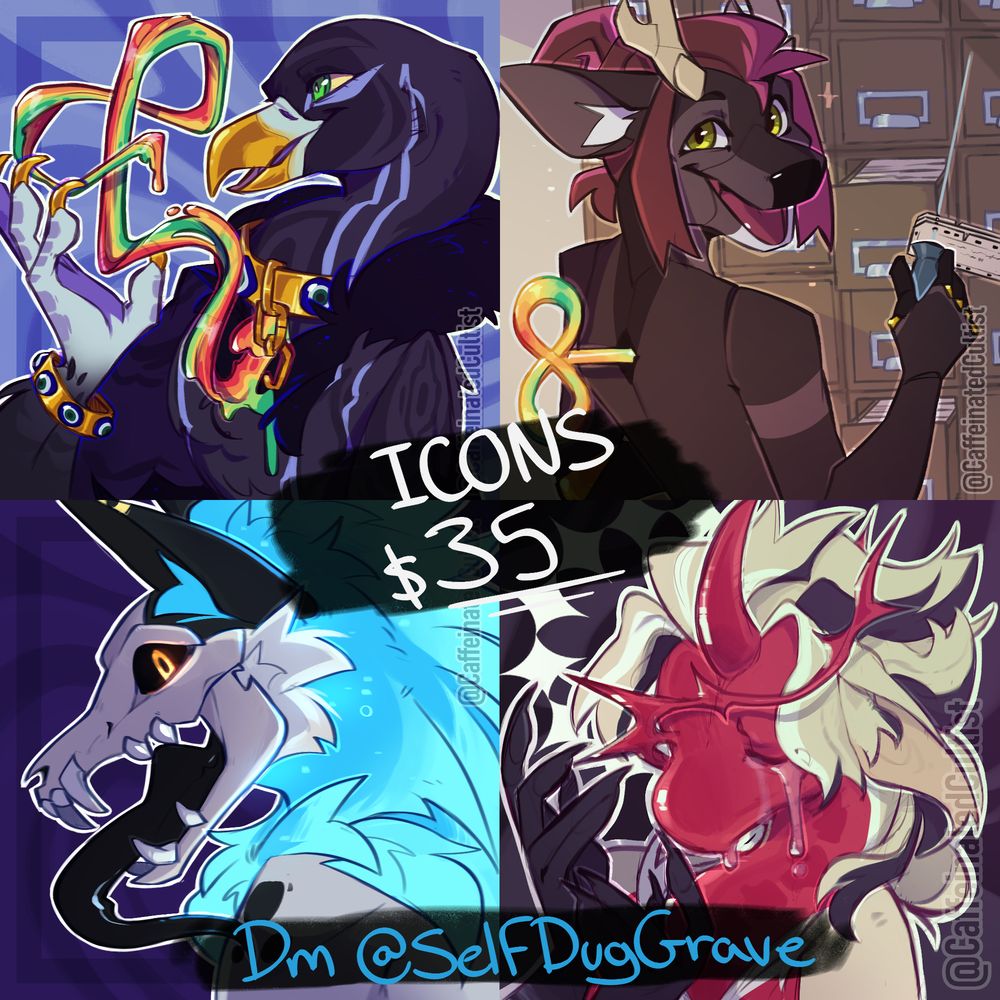 Digital art displaying multiple furry characters with the caption "Icons $35 DM SelfDugGrave" on Telegram for commissioning furry artwork.

Artwork by, CaffeinatedCultist 