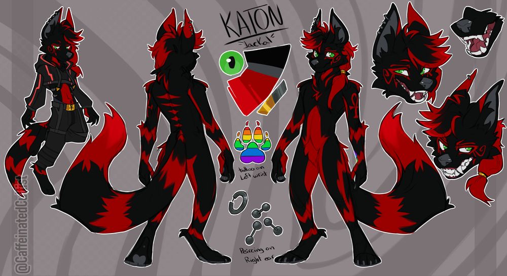 digital art of a furry canine character reference sheet showing off: 
fullbody front and back view. 
2 headshots with different expressions. 
1 mawshot. 
1 "tiny" fully clothed fullbody. 
Color palette with additional markings and accessories.

Artwork by, CaffeinatedCultist 