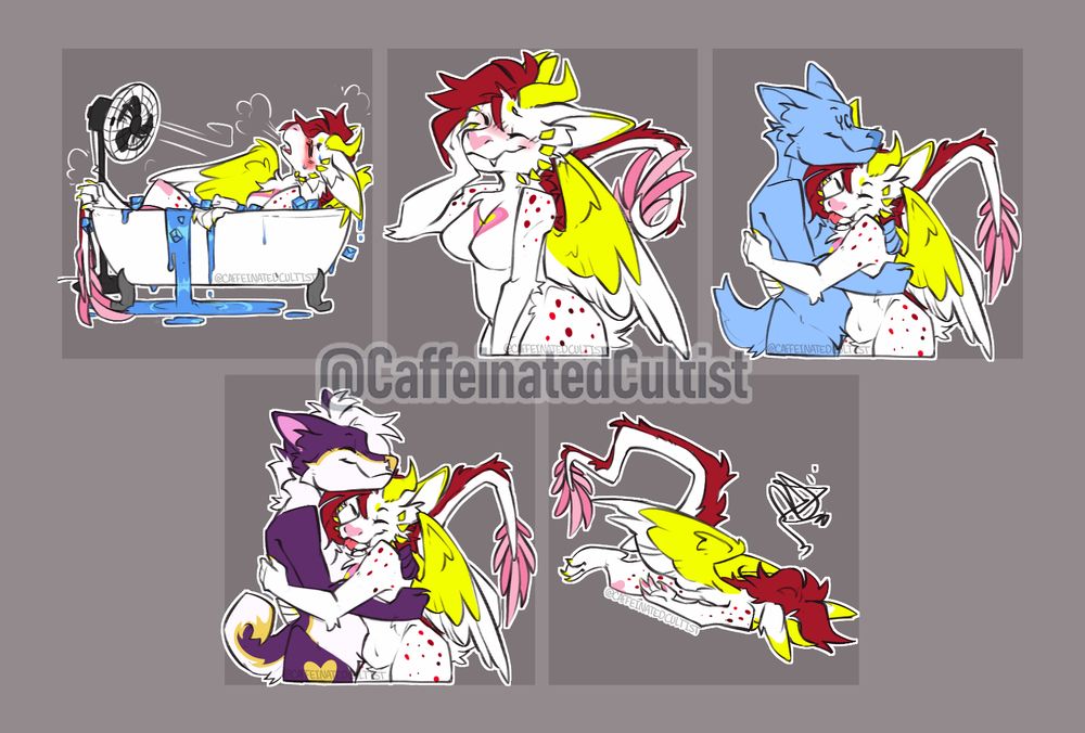 Digital art of a furry dragon character in multiple scenarios; 

Taking an ice cold bath with a fan pointed at the dragon.

smiling and blushing with their eyes closed.

hugging a YCH insert.

Hugging another character.

Face planting flat on the floor, disgruntled.

Stickers by, CaffeinatedCultist 