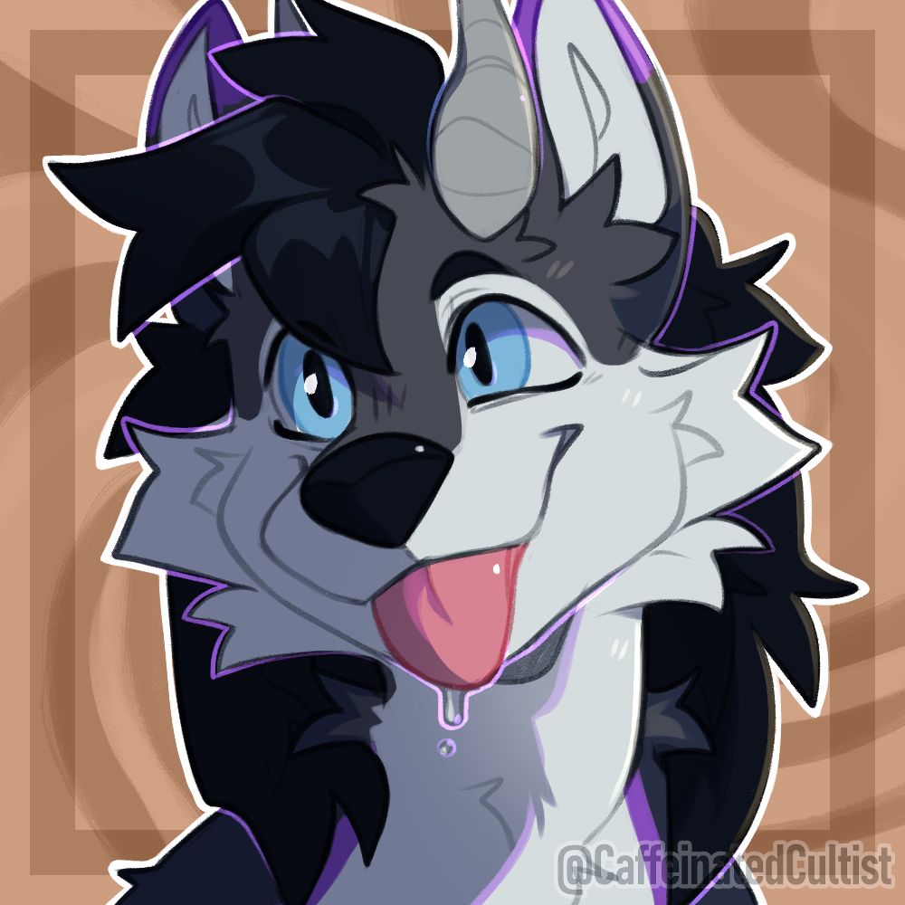 Digital art of a furry canine character with blue eyes sticking it's tongue out making a "blep." A small drop of saliva is hanging from the tongue.

Artwork by, CaffeinatedCultist 