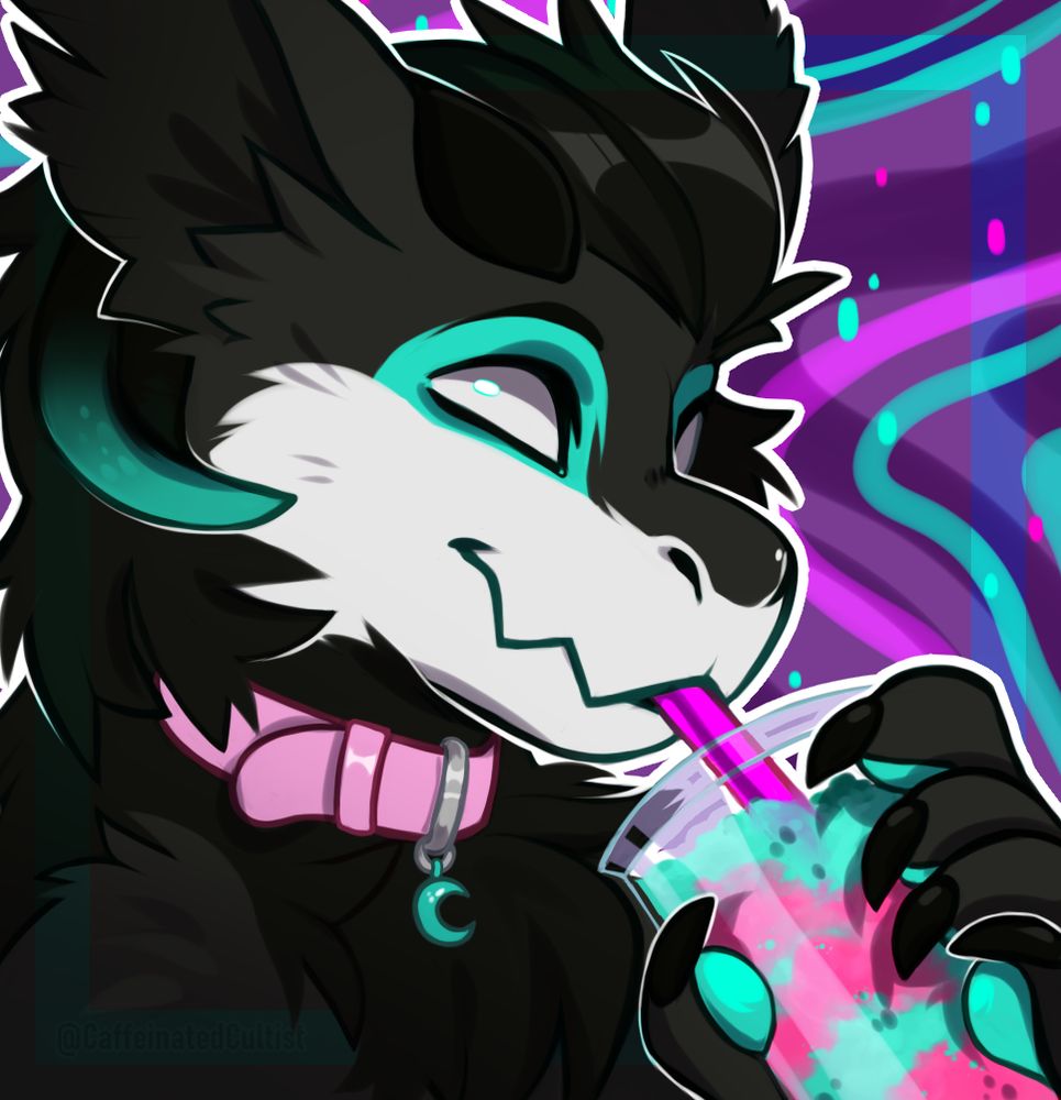Digital art of a furry wickerbeast character with a pink collar, sipping a blended iced beverage.

Artwork by, CaffeinatedCultist