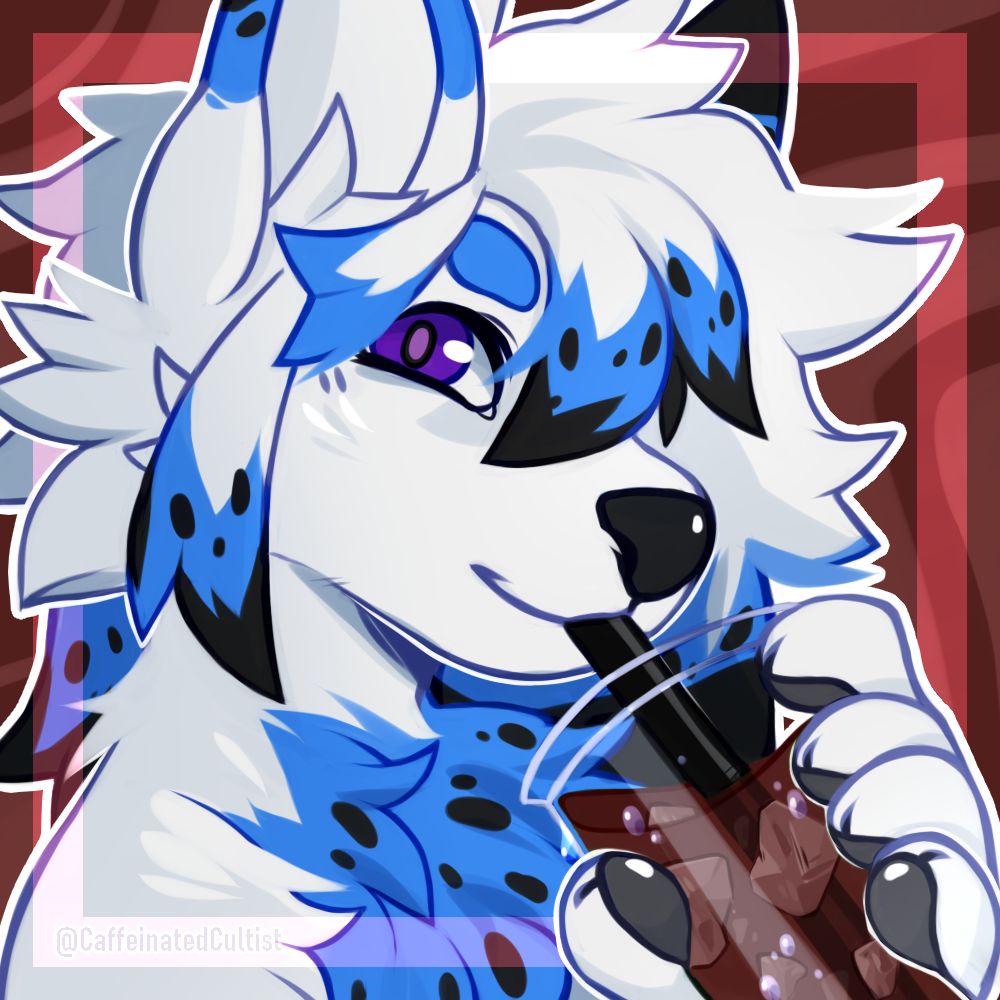Digital art of a furry character with purple eyes, sipping a iced cold beverage.

Artwork by, CaffeinatedCultist 