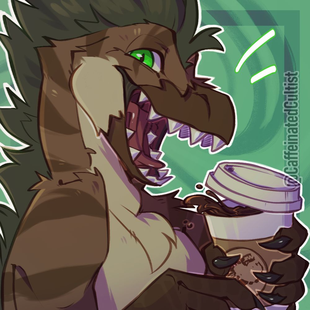 Digital art of a furry raptor character heavily caffeinated, and giving off a big smile showing off sharp teeth. Character is gripping a cup of coffee with excitement.

Artwork by, CaffeinatedCultist 