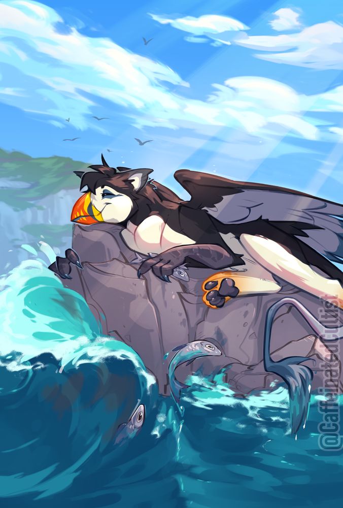 Digital illustration of a puffin character basking in the warm sun off the coast, on a rock. The character appears blissful, and is holding freshly caught fish.

Artwork by, CaffeinatedCultist 