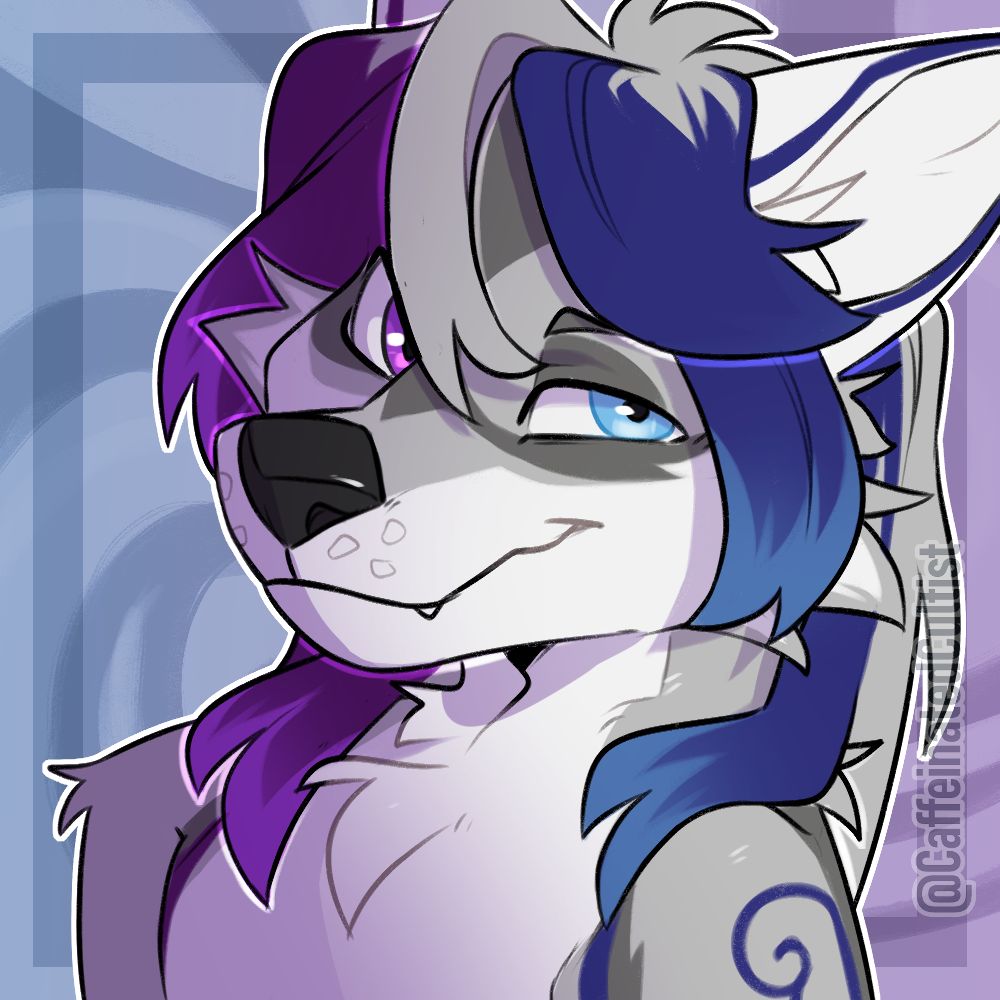 Digital art of a furry character with heterochromia and multicolored hair, looking off at something behind or to the side of the camera/viewer.

Artwork by, CaffeinatedCultist 