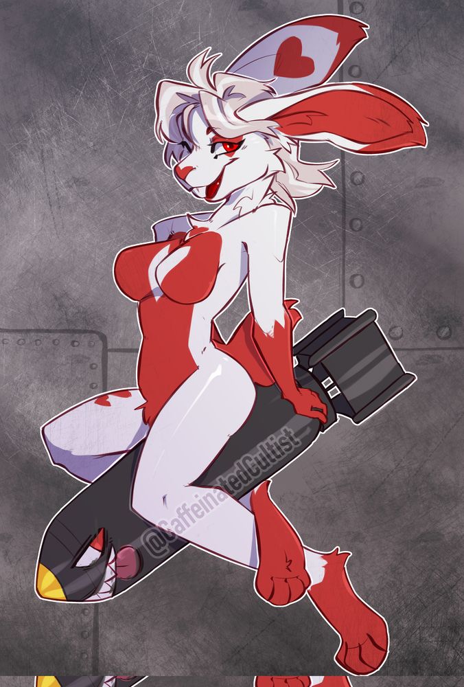 Digital art of a furry rabbit character in a pin-up pose/style with red eyes looking at the viewer.

Artwork by, CaffeinatedCultist 