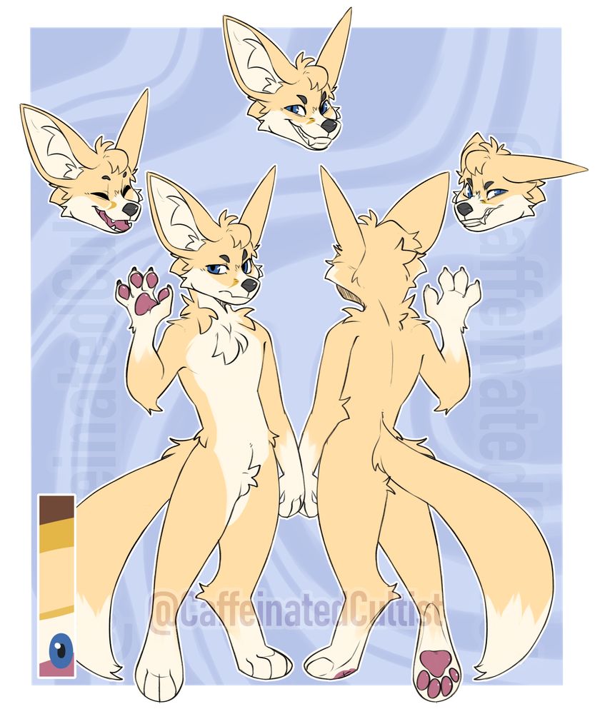 Digital art of furry fennec character. This reference sheet displays the front and back of the fennec character, and three emotes at the top. A handy color palette in the bottom left corner of the page.

Artwork by, CaffeinatedCultist 