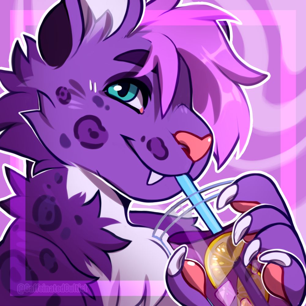Digital art of a furry feline character with blue eyes sipping a refreshing iced lemon beverage.

Artwork by, CaffeinatedCultist 