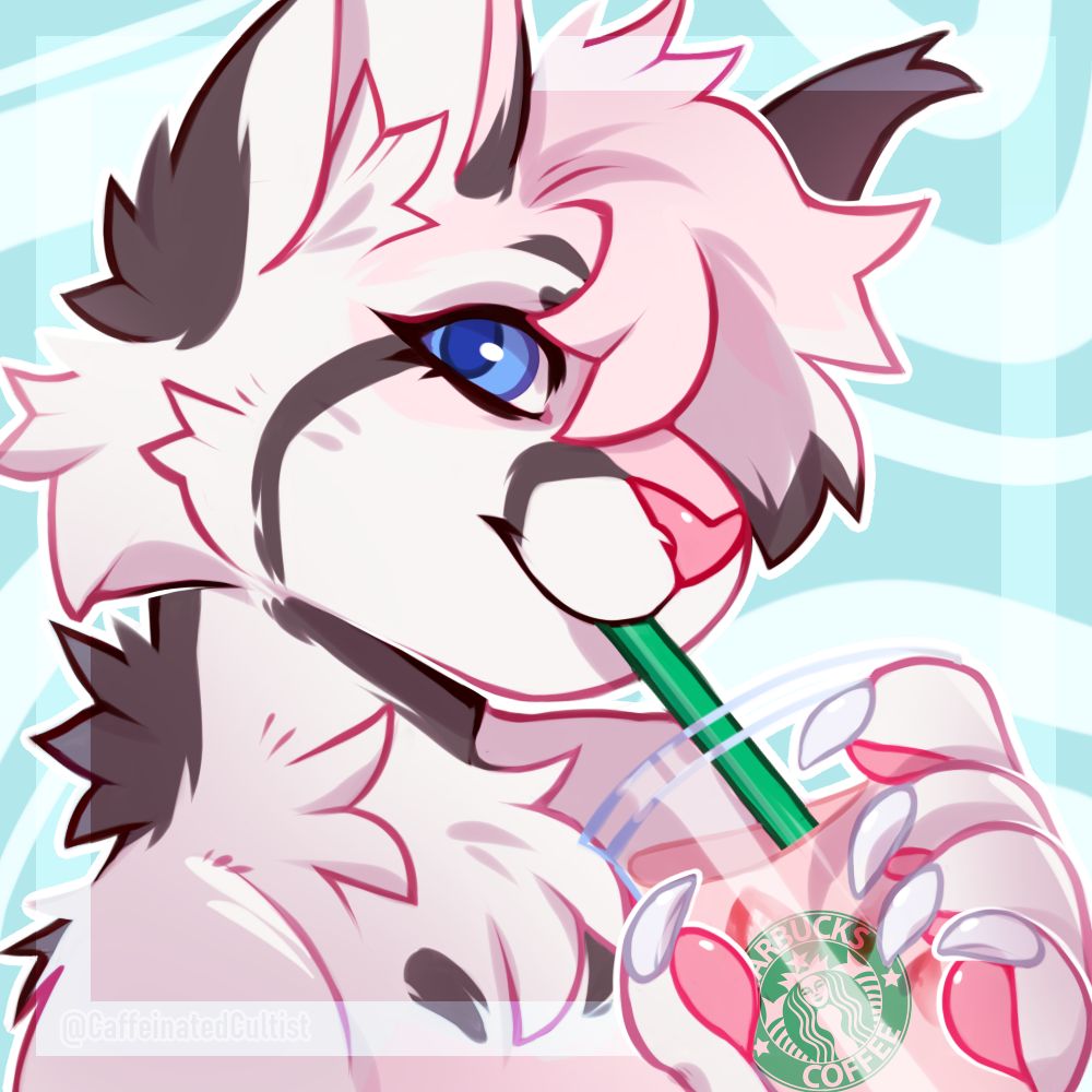 Digital art of a furry feline character with blue eyes, sipping on a strawberry drink.

Artwork by, CaffeinatedCultist 