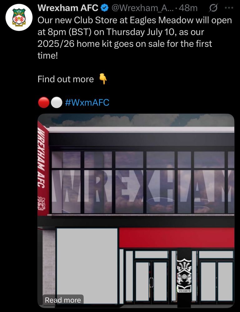 A post from Wrexham AFC announcing the opening of the new club shop in Eagles Meadow Wrexham at 8pm on Thursday 10th July with the home kit on sale at the same time.