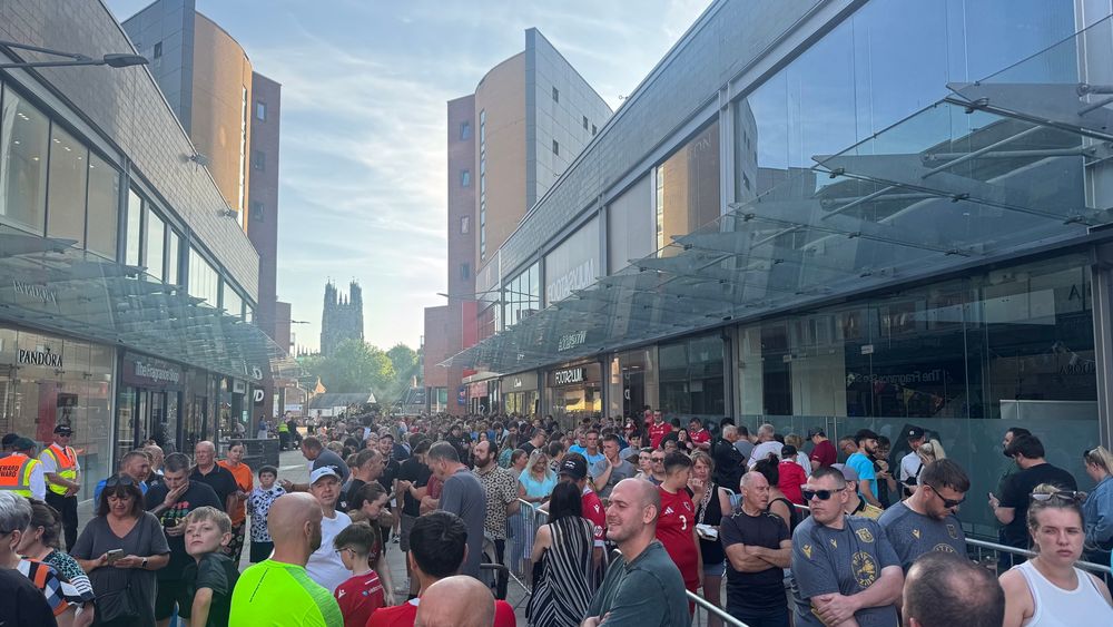 Queue outside the new Wrexham AFC in Eagles Meadow, Wrexham ahead of opening 
