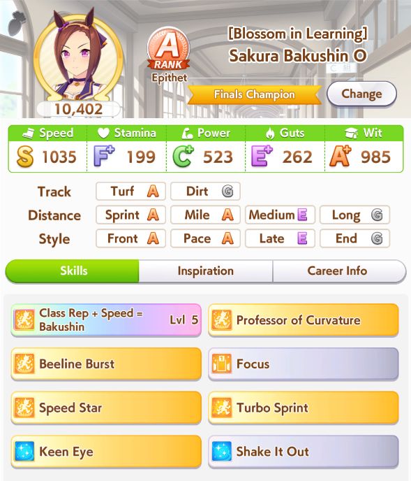 Sakura Bakushin O, rang A, 10,402 points
Speed S 1035, Stamina F+ 199, Power C+ 523, Guts E+ 262, Wit A+ 985
Skills: Main Skill lvl 5, Professor of Curvature (Gold), Beeline Burst (Gold), Focus, Speed Star (Gold), Turbo Sprint (Gold), Keen Eye (Gold), Shake It Out