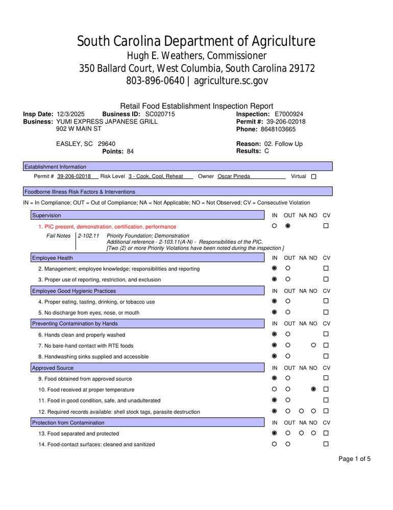 Page 1 of a health inspection