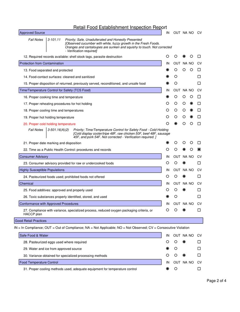 Page 2 of a health inspection