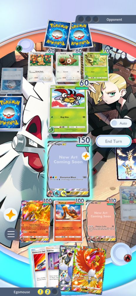 A screenshot from Pokemon TCG Pocket with Lugia ex immersive card in active with two of each water and electric energies and 4 fire energies. 