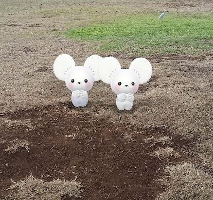 Tandemaus in Pokemon Go AR camera mode in a grassy and dirt area. A white bird with a long neck is seen further away on the top right by a much more bright green grass patch.