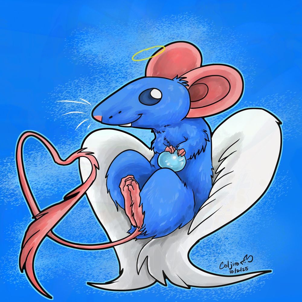 A blue fur colored and pink colored angel mouse with a heart shaped head, wings folded like hearts and a tail curved like a heart and a furry end. The mouse is also holding a soul orb.
