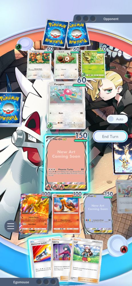 A screenshot of Pokemon TCG Pocket with Ho-Oh ex immersive card in active with three fire energies, ready to supply mix energies to a benched Lugia ex immersive card. Montreal ex and Torkoal is also in bench.