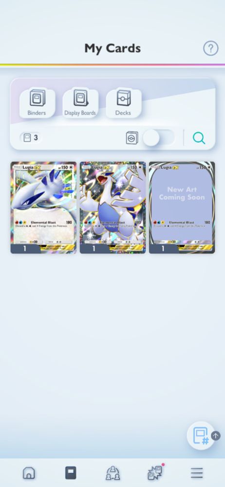 My Lugia ex cards from Pokemon TCG Pocket. Regular Lugia ex, 2 stars Lugia ex and the immersive card of Lugia ex. However, the card art for Lugia ex immersive card is removed and says "New art coming soon".