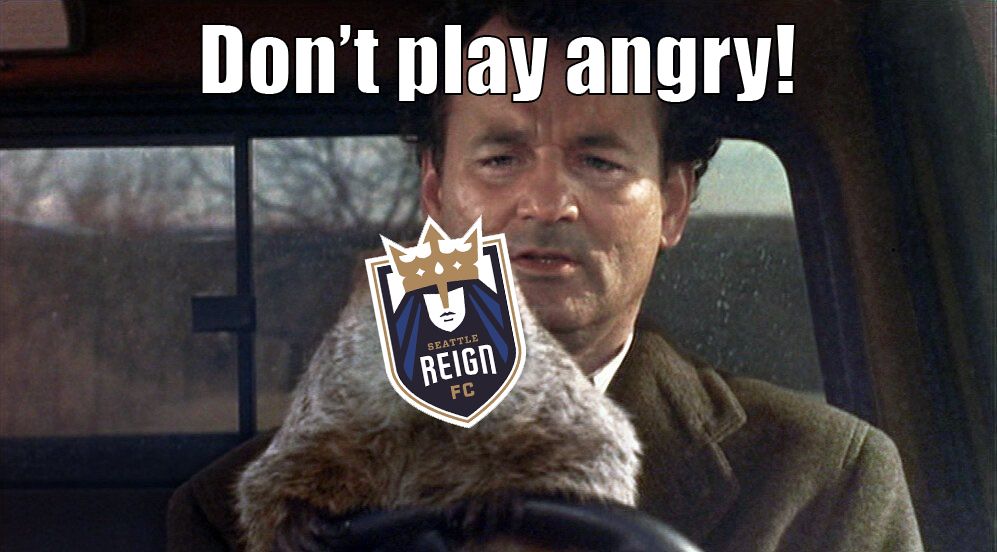 Still frame from the movie Groundhog day from when the groundhog is driving the truck and given the advice “dont drive angry”. The Reign FC logo has been placed over the groundhog. Macro text above says “dont play angry”