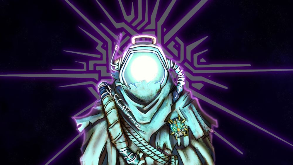 ID: The Hatchling from Outer Wilds, facing forwards. Their caplet has an added little rectangular patch of the Outer Wilds Ventures logo. Behind the Hatchling is the symbol for the Eye of the Universe faintly glowing. The visor on the helmet reflects the light of the sun going supernova. /End ID