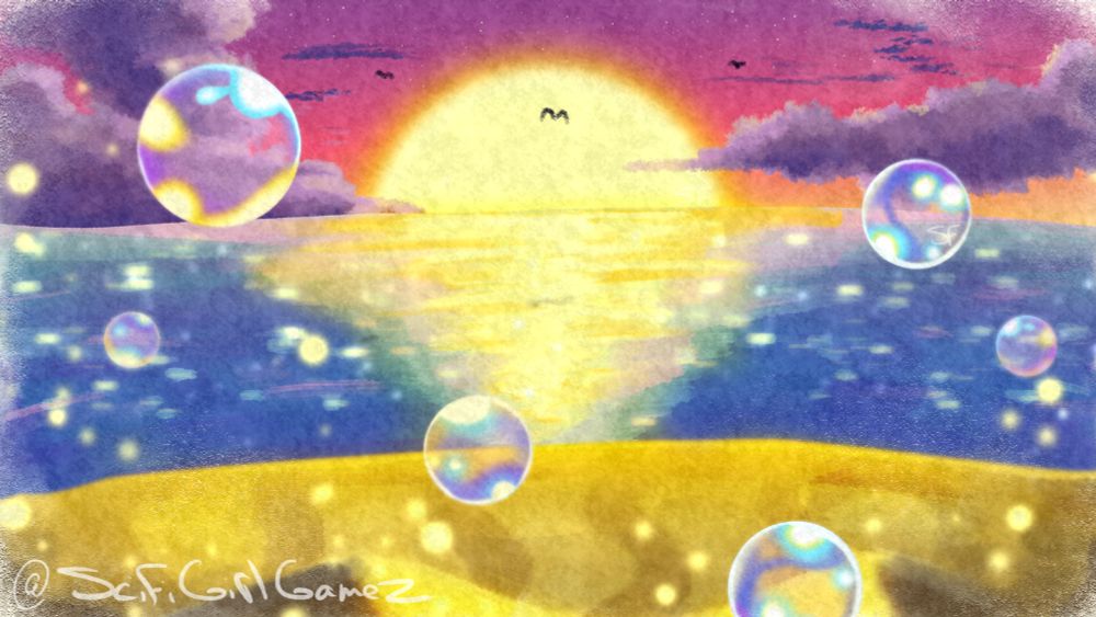 Digital painting of a beach looking out onto the open ocean with the sunset halfway down the horizon with three birds flying in the distance; the middle one is in front of the sun near the top. There are thick and fluffy clouds bordering on either side far passed the horizon. There are bubbles floating in view and are reflecting the sunset.