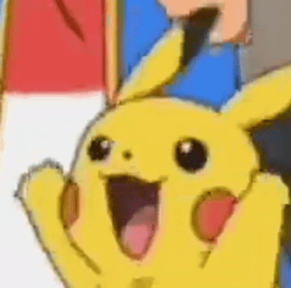 a close up of a cartoon pikachu with its mouth open and arms outstretched .