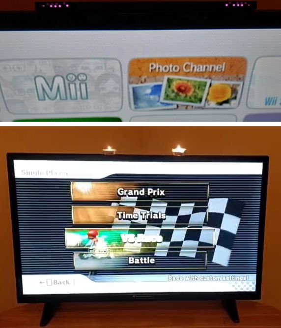 Images of the Wii "sensor bar" showing IR emission (top) and a picture of a TV with the bar replaced by two candles (bottom).