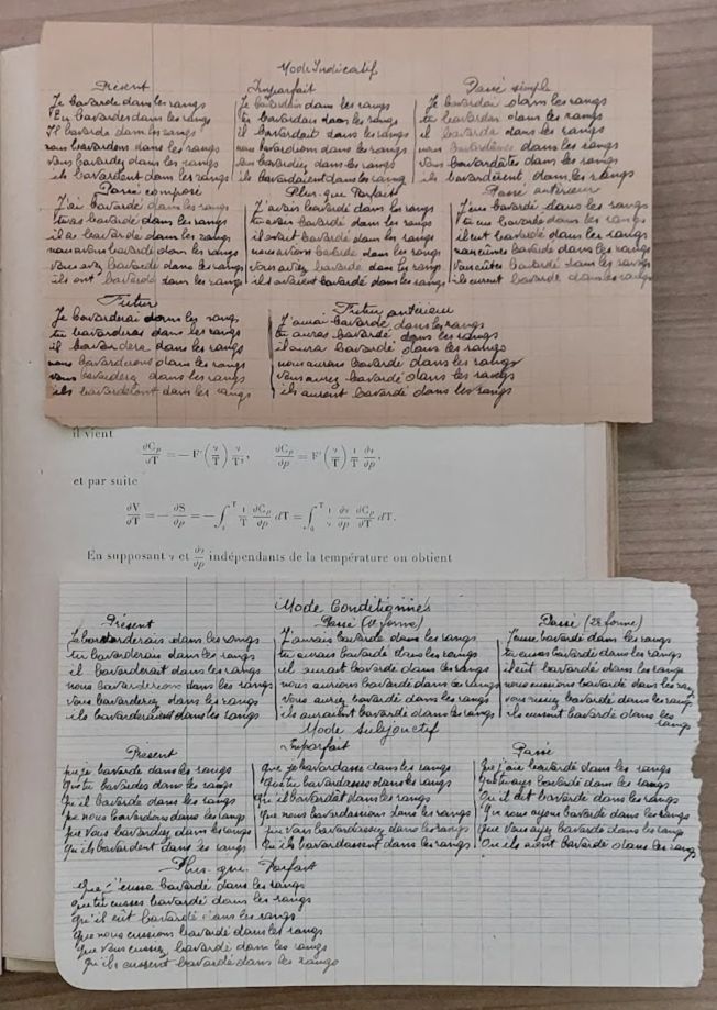 Page images from Proceedings of 1911 Solvay Conference with insert from a reader showing tables of French verb conjugaisons