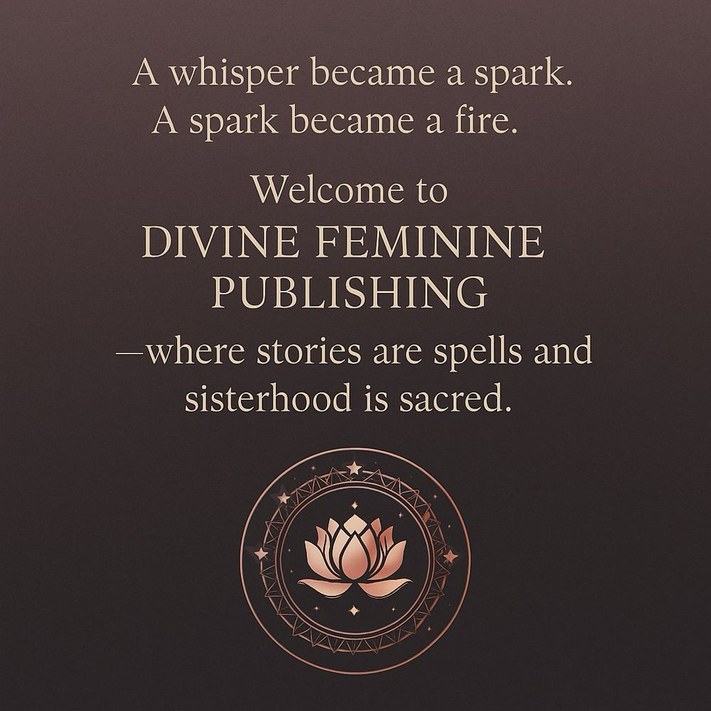 A logo with a lotus flower surrounded by starts. Text reads: A whisper became a spark. A spark became a fire. Welcome to Divine Feminine Publishing- where stories are spells and sisterhood is sacred 