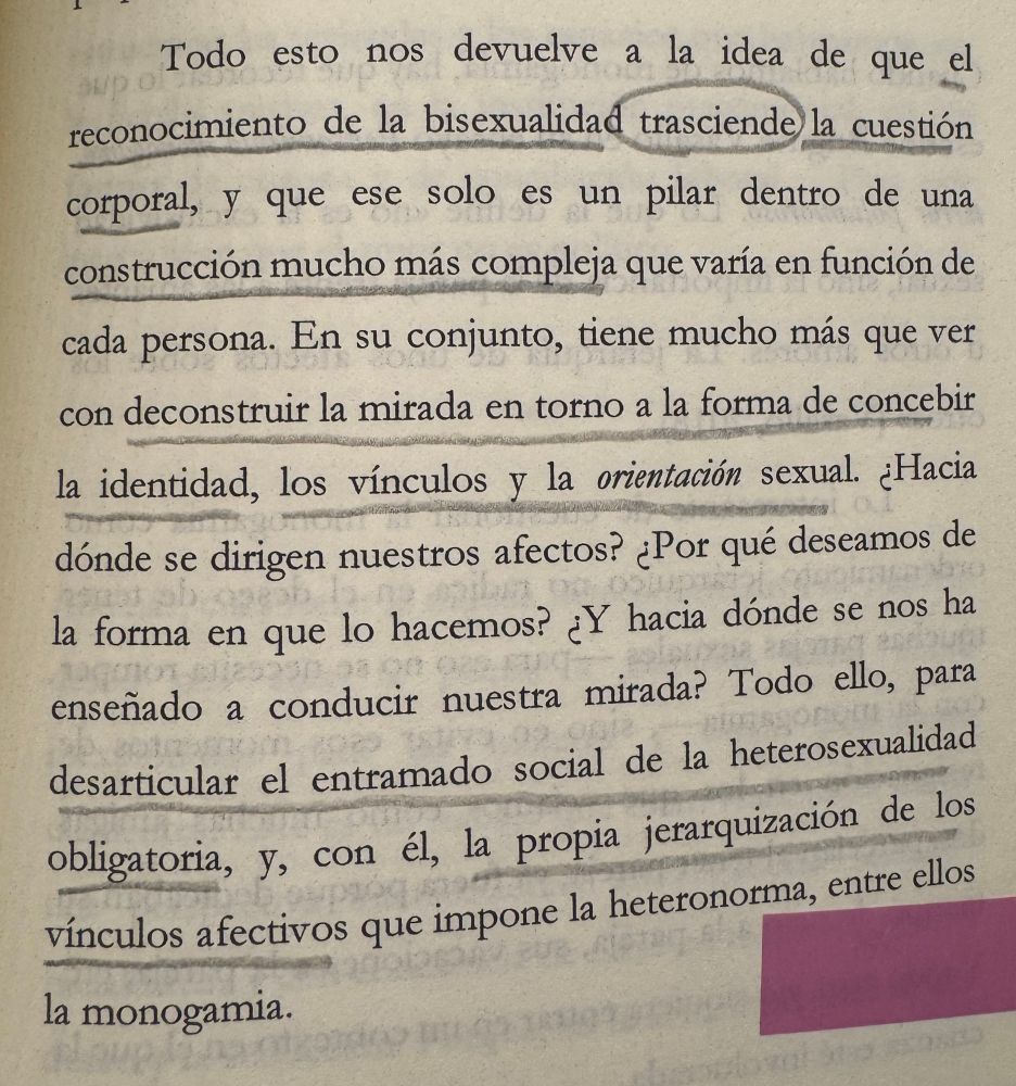 Todo esto nos devuelve a la idea de que el reconocimiento de la bisexualidad trasciende la cuestión corporal, y que ese solo es un pilar dentro de una construcción mucho más compleja que varía en función de cada persona. En su conjunto, tiene mucho más que ver con deconstruir la mirada en torno a la forma de concebir la identidad, los vínculos y la orientación sexual. ¿Hacia dónde se dirigen nuestros afectos? ¿Por qué deseamos de la forma en que lo hacemos? ¿Y hacia dónde se nos ha enseñado a conducir nuestra mirada? Todo ello, para desarticular el entramado social de la heterosexualidad obligatoria, y, con él, la propia jerarquización de los vínculos afectivos que impone la heteronorma, entre ellos la monogamia.