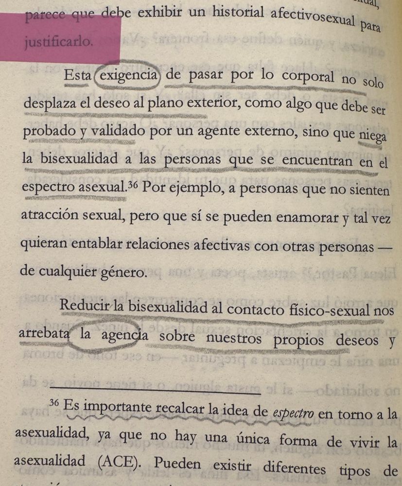 parece que debe exhibir un historial afectivosexual para justificarlo.
Esta exigencia de pasar por lo corporal no solo desplaza el deseo al plano exterior, como algo que debe ser probado y validado por un agente externo, sino que niega la bisexualidad a las personas que se encuentran en el espectro asexual. Por ejemplo, a personas que no sienten atracción sexual, pero que sí se pueden enamorar y tal vez. quieran entablar relaciones afectivas con otras personas —de cualquier género.
Reducir la bisexualidad al contacto físico-sexual nos arrebata la agencia sobre nuestros propios deseos.

Es importante recalcar la idea de espectro en torno a la asexualidad, ya que no hay una única forma de vivir la asexualidad