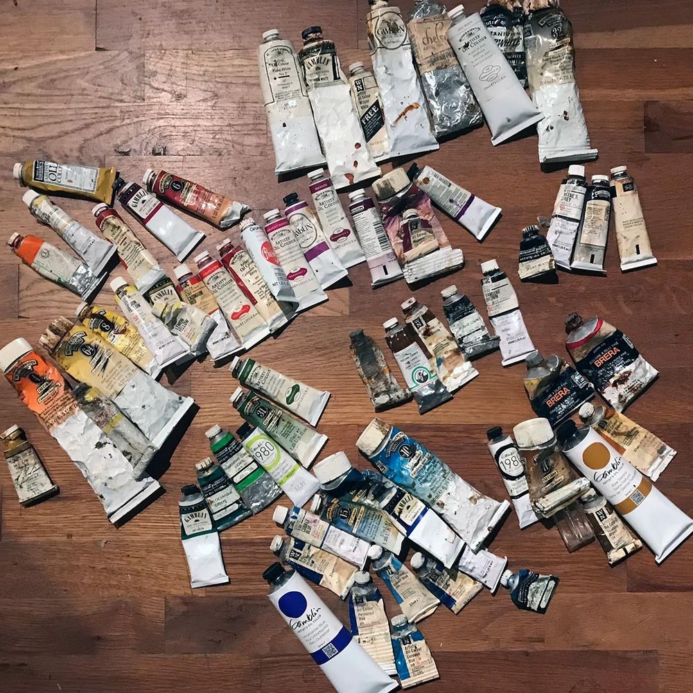 A studio photo of my oil paint inventory as I prepare for new work. Some tubes are over 20 years old. 