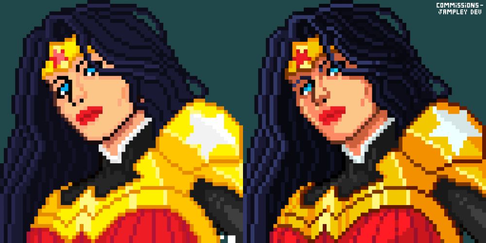 a redraw/recolor of wonder woman, drawn in pixelart style. The first one as drawn in 2024, the second one was drawn in 2025. It was a paid commission.