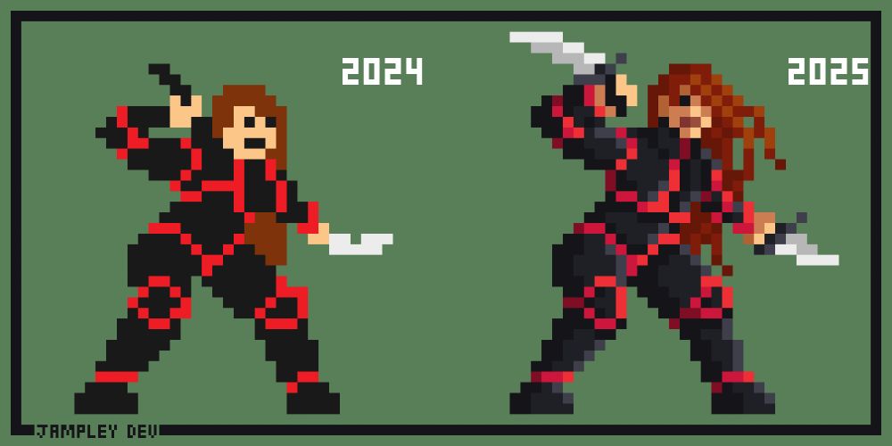 I am redrawing some of my old pixelart, this is an original character I made in 2024, in February I think. On the left, you can see the old one; on the right, the new one. It's a reheard female "ninja", dressed in black,  with two knives. 