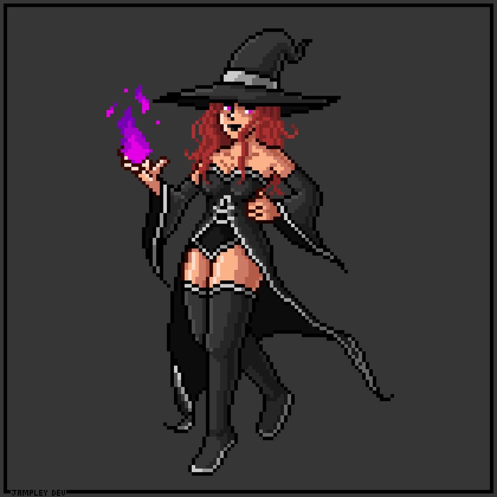 sexy rehaed witch dressed in black holding purple fire. Commissions are open.