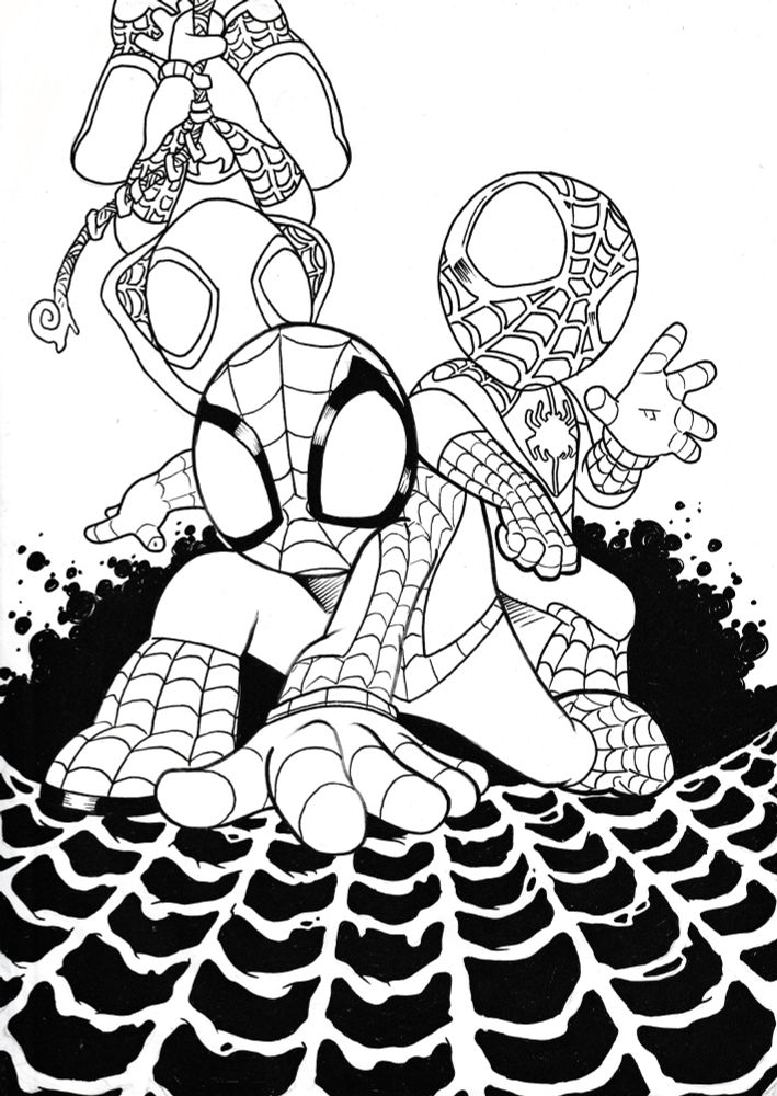 Inked illustration of Spider-Man, Spider-Gwen and Miles Morales, 'Spidey and his amazing friends' style.
