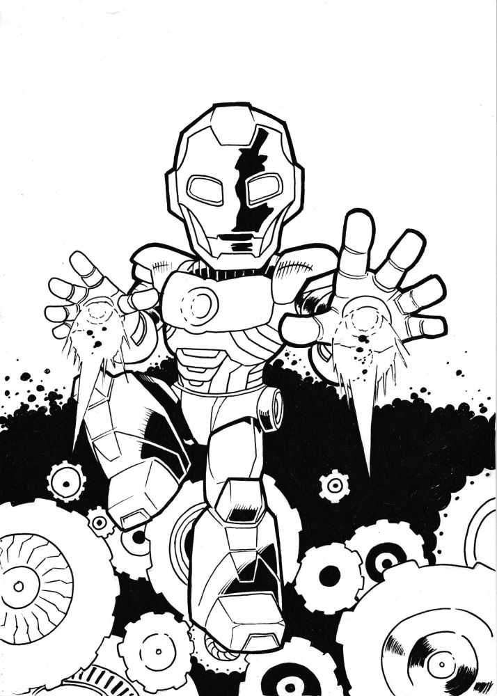 Inked illustration of Iron-Man, 'Spidey and his amazing friends' style.