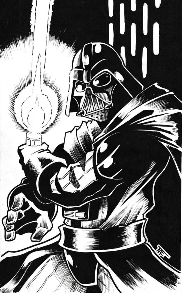 A pen and ink drawing of Darth Vader.