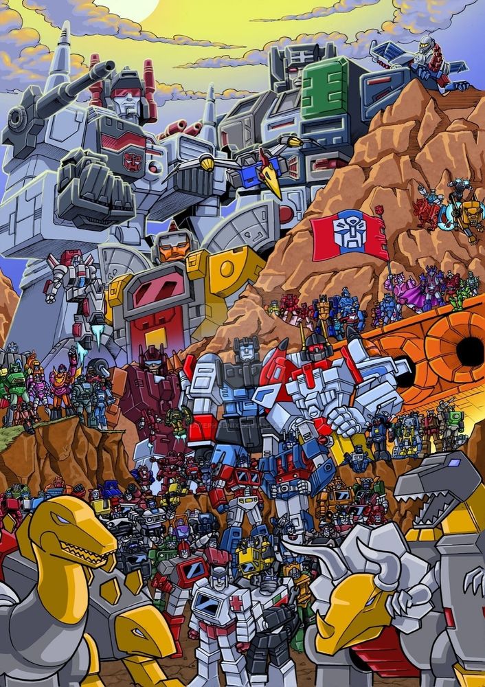 A picture of (almost) every G1 Autobot from the 80s Transformers cartoon.