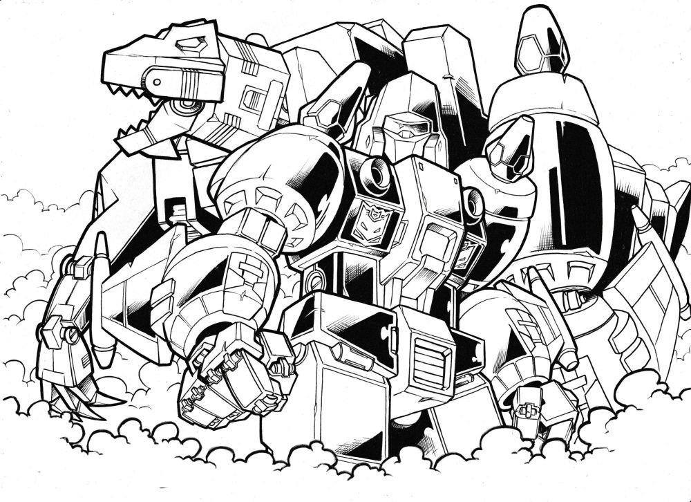 A black and white inked illustration of Transformers Decepticon Horrorcon Snapdragon, in both his robot and dragon modes.