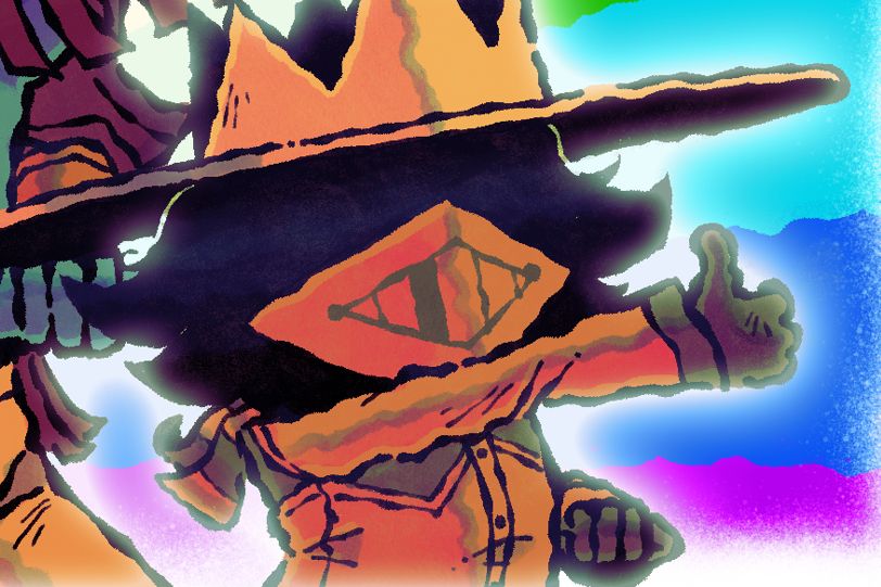 Godpoke from Great God Grove giving a thumbs up. The background is a rainbow
