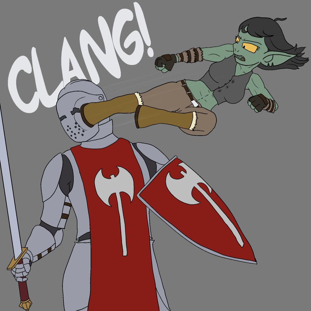A female goblin monk, Lizza, kicking a figure in full plate armour in the helmet, causing a massive dent in it.  The word 'clang' is written in capital letters behind the knight.