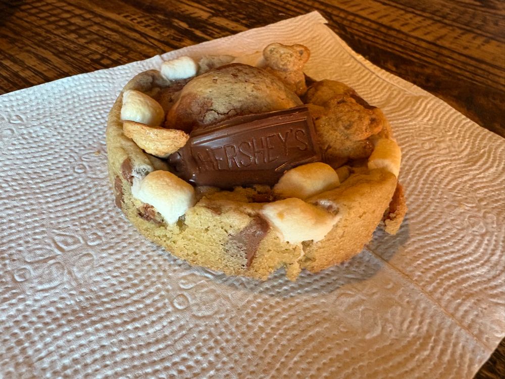 An amazing s’mores cookie. It has chocolate and a big marshmallow baked into it, and on top are small marshmallows, Teddy ghrams, and a piece of Hershey’s chocolate on top - you can still read the word Hershey’s
